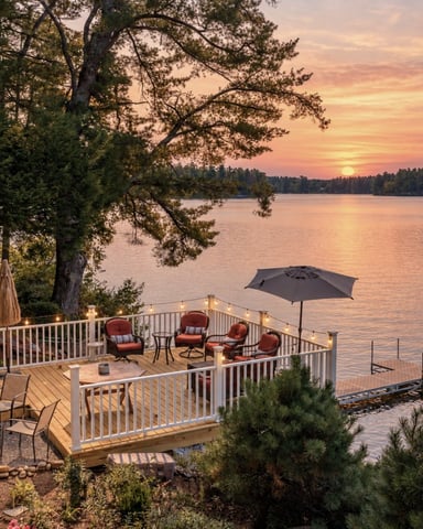 Lakeside deck and dock at sunset in the Lakes Region